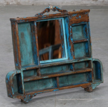 Spiegelregal blau mit Fächern