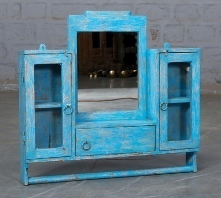Spiegelschrank blau mit zwei Vitrinen